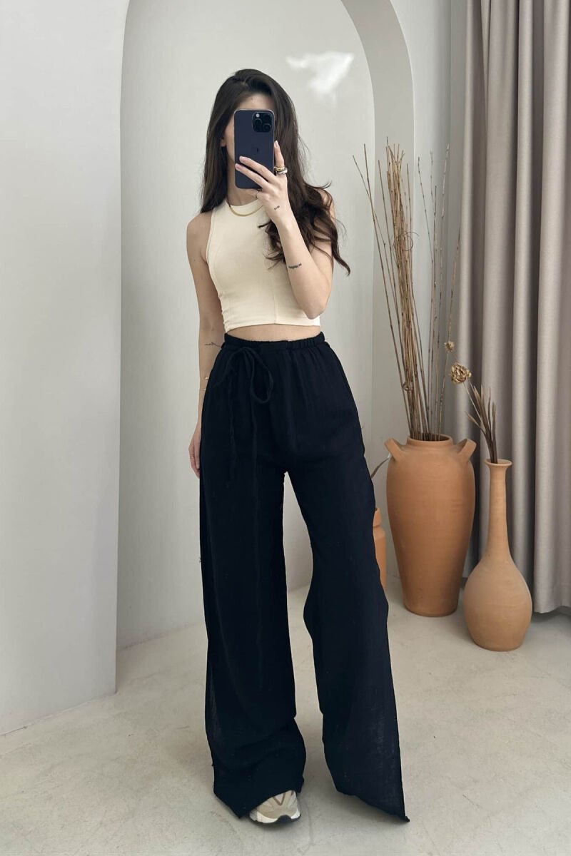 LACING WIDE LEG ONE COLOR WOMEN TROUSERS BLACK/ E ZEZE - 2