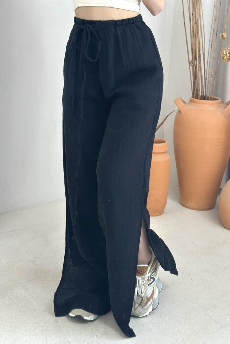LACING WIDE LEG ONE COLOR WOMEN TROUSERS BLACK/ E ZEZE - 4