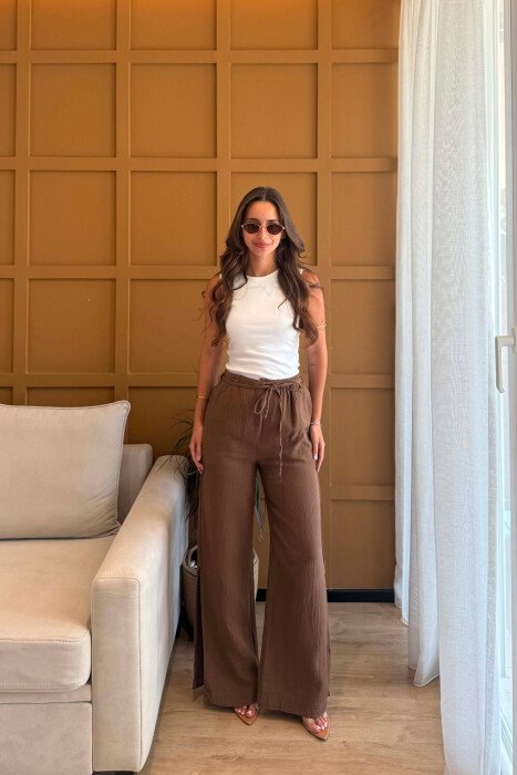 LACING WIDE LEG ONE COLOR WOMEN TROUSERS BROWN/KAFE - KLAUDIO FASHION