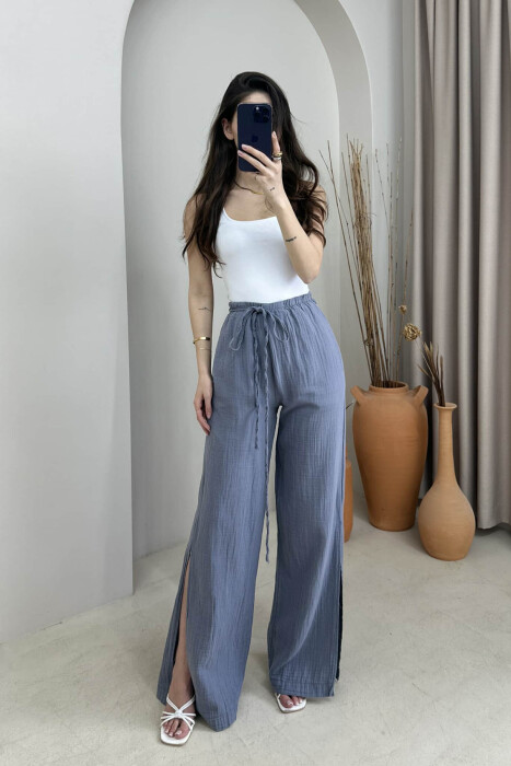 LACING WIDE LEG ONE COLOR WOMEN TROUSERS GREY/GRI - 1