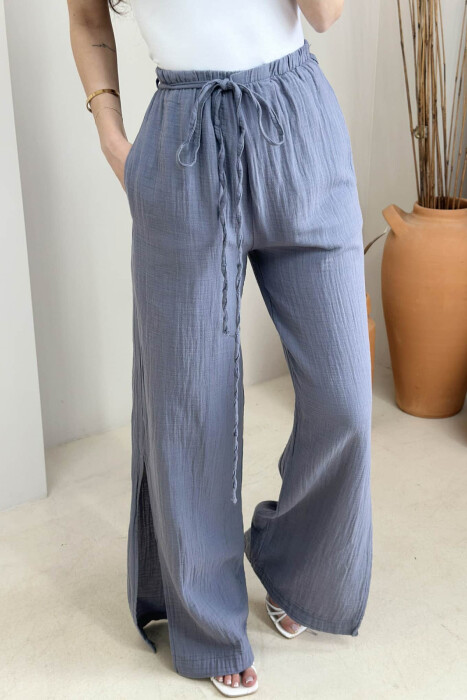 LACING WIDE LEG ONE COLOR WOMEN TROUSERS GREY/GRI - 4