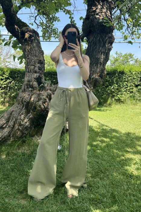 LACING WIDE LEG ONE COLOR WOMEN TROUSERS OLIVE/ULLI 