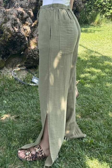 LACING WIDE LEG ONE COLOR WOMEN TROUSERS OLIVE/ULLI - 4
