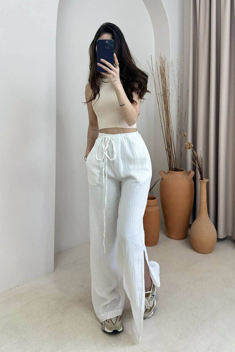LACING WIDE LEG ONE COLOR WOMEN TROUSERS WHITE-E BARDHE - 2