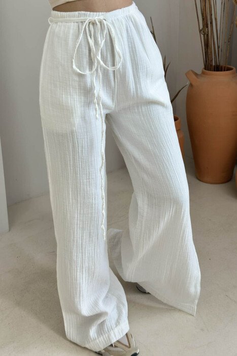 LACING WIDE LEG ONE COLOR WOMEN TROUSERS WHITE-E BARDHE - 3