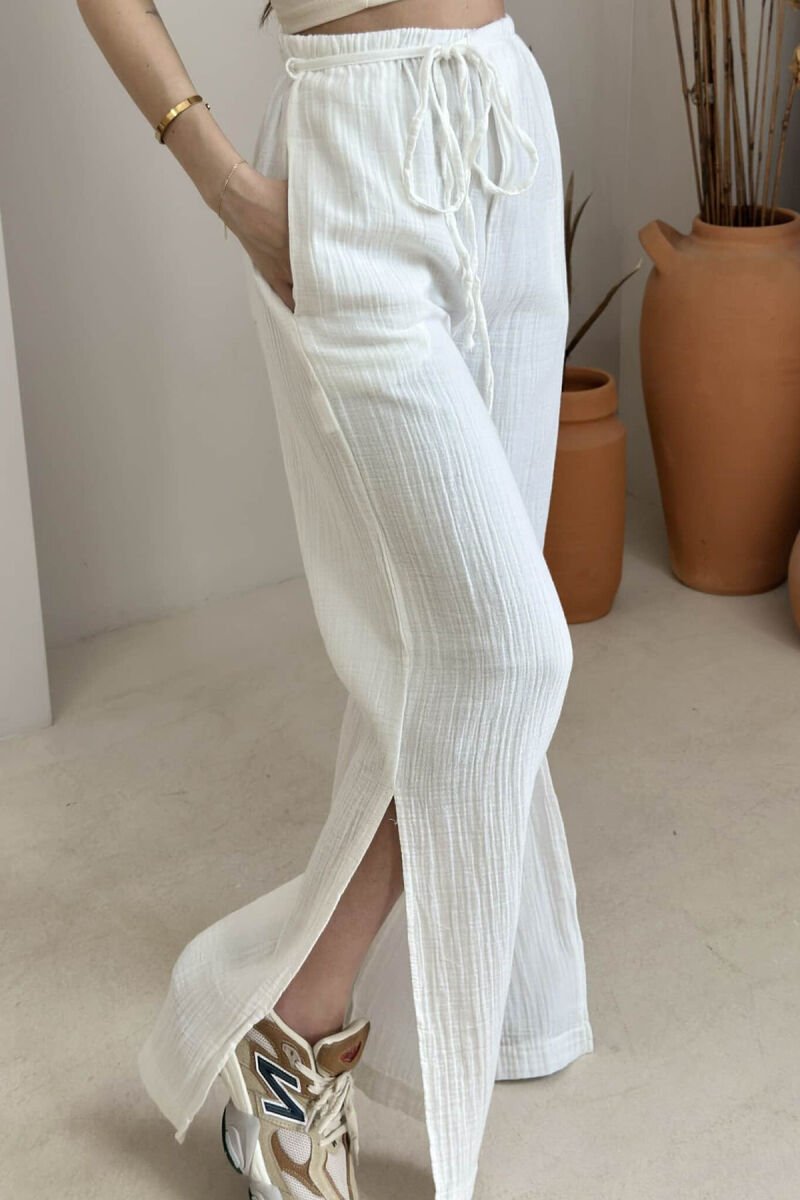 LACING WIDE LEG ONE COLOR WOMEN TROUSERS WHITE-E BARDHE - 4