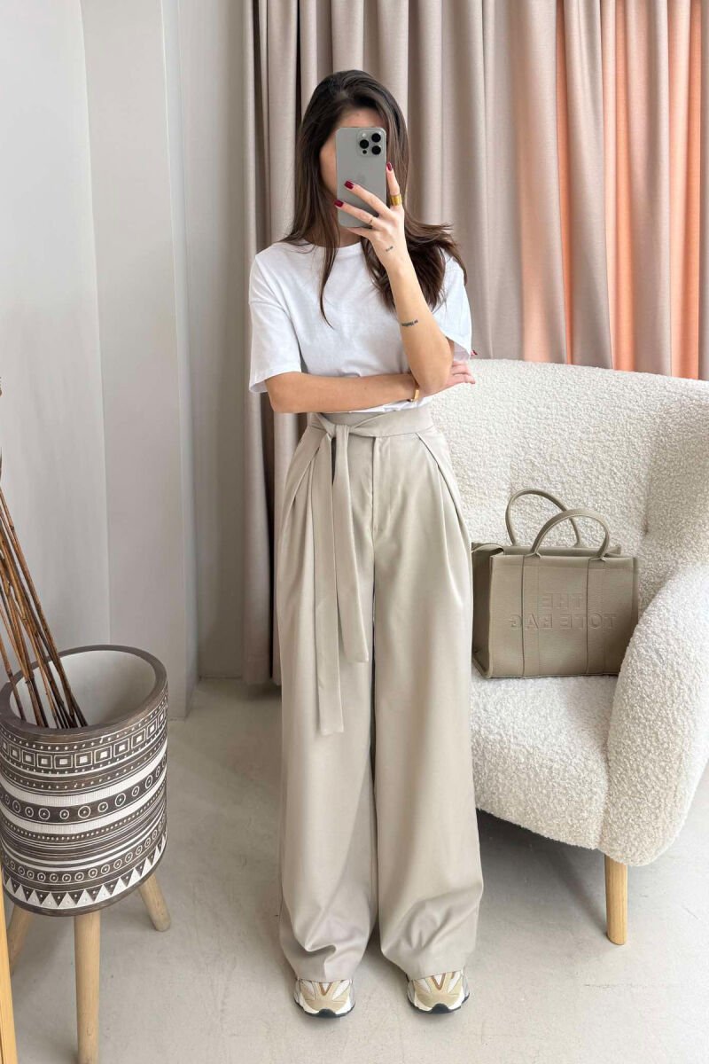 ONE COLOR LACING WIDE LEG WOMEN TROUSERS BEIGE/BEZHE - 2