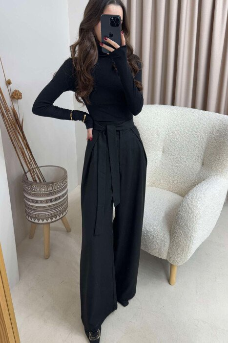 ONE COLOR LACING WIDE LEG WOMEN TROUSERS BLACK/ E ZEZE - 2