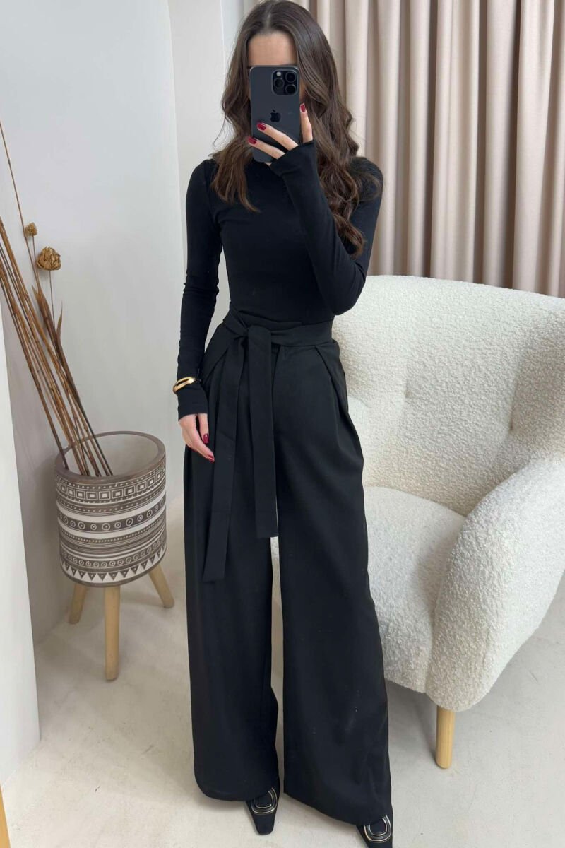ONE COLOR LACING WIDE LEG WOMEN TROUSERS BLACK/ E ZEZE - 3
