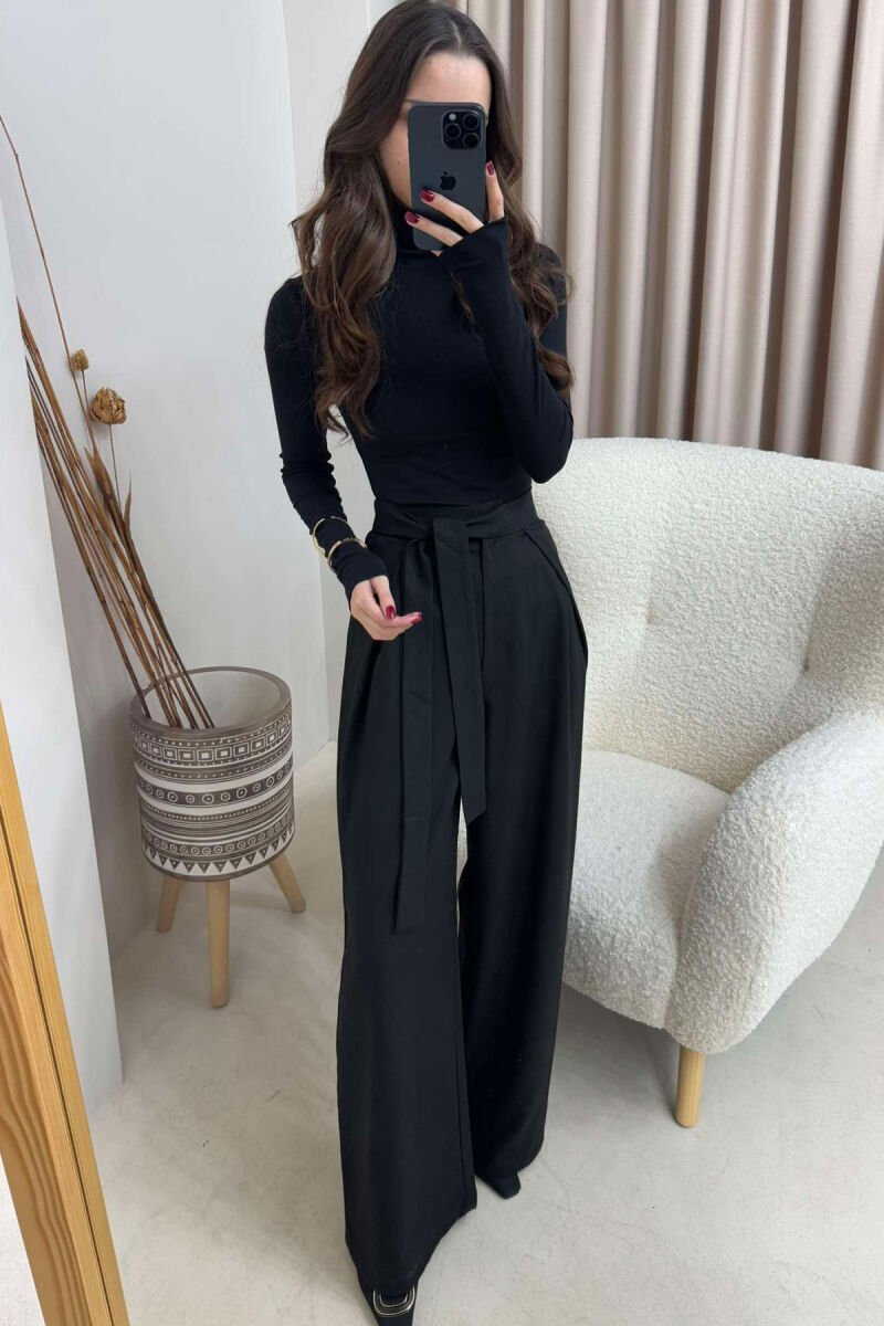 ONE COLOR LACING WIDE LEG WOMEN TROUSERS BLACK/ E ZEZE - 4