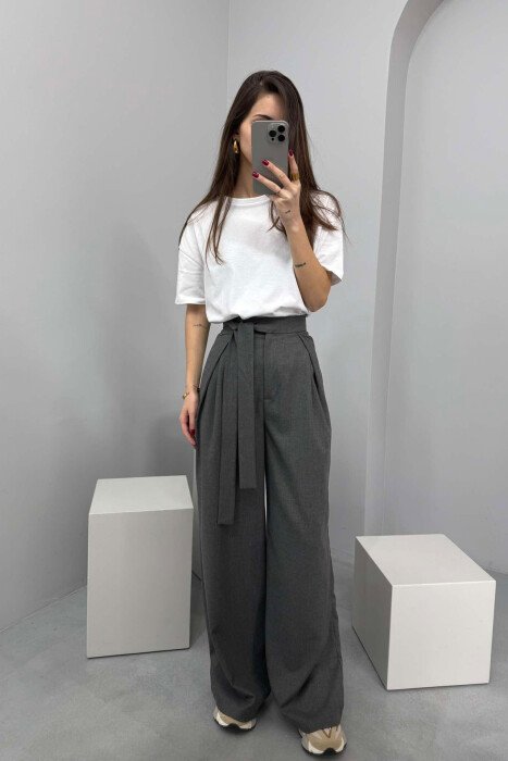 ONE COLOR LACING WIDE LEG WOMEN TROUSERS GREY/GRI - KLAUDIO FASHION