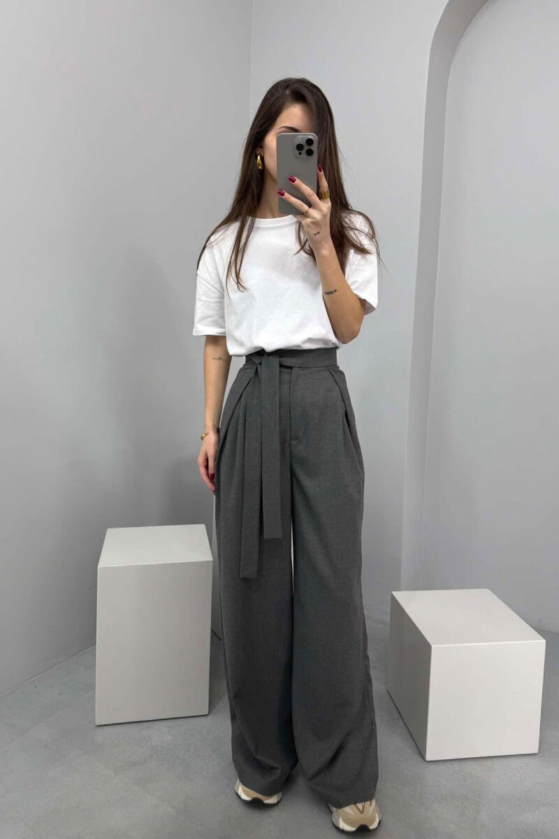 ONE COLOR LACING WIDE LEG WOMEN TROUSERS GREY/GRI - 1