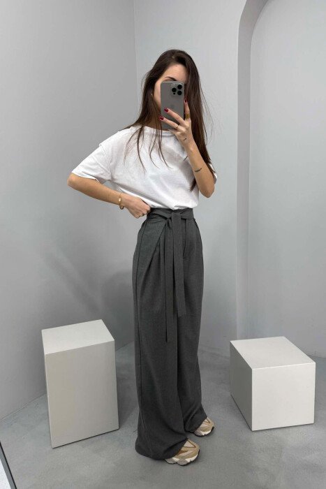 ONE COLOR LACING WIDE LEG WOMEN TROUSERS GREY/GRI - 2