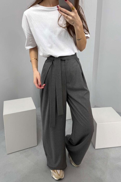 ONE COLOR LACING WIDE LEG WOMEN TROUSERS GREY/GRI - 3