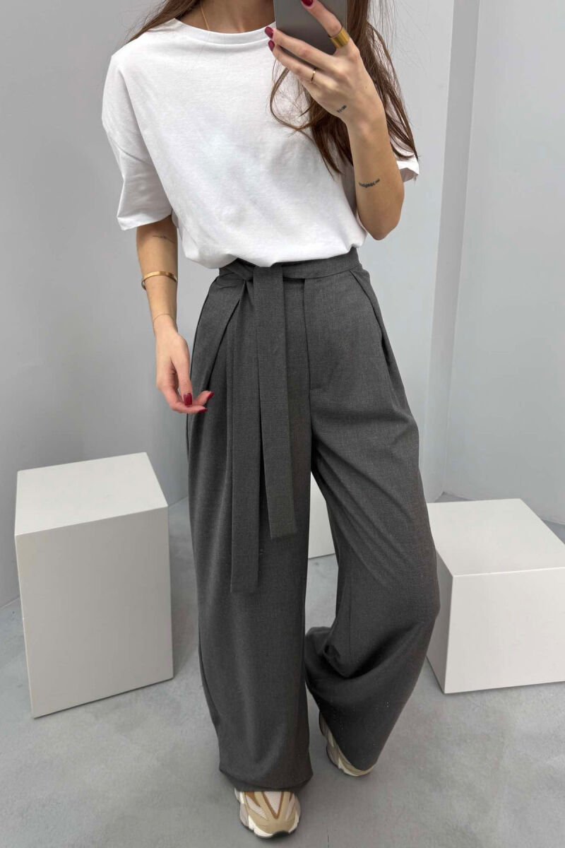 ONE COLOR LACING WIDE LEG WOMEN TROUSERS GREY/GRI - 3