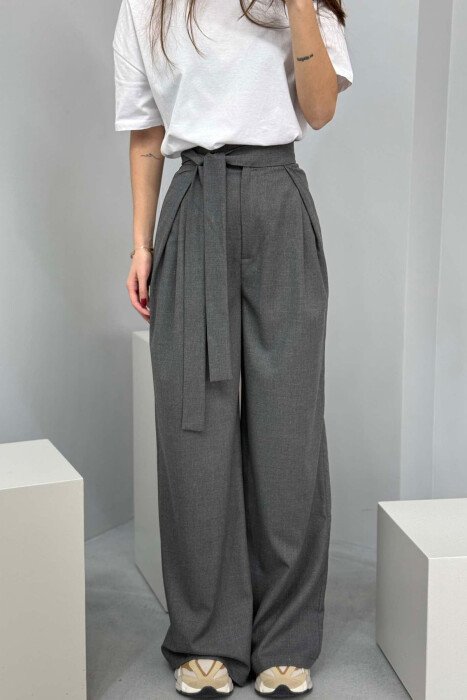 ONE COLOR LACING WIDE LEG WOMEN TROUSERS GREY/GRI - 4