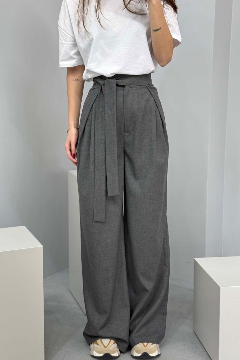 ONE COLOR LACING WIDE LEG WOMEN TROUSERS GREY/GRI - 4