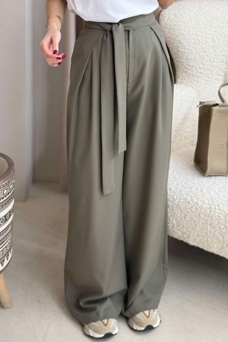 ONE COLOR LACING WIDE LEG WOMEN TROUSERS OLIVE/ULLI - 3