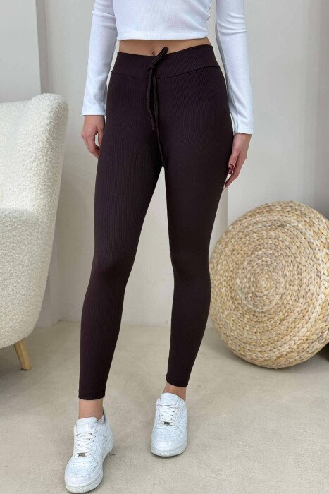 ONE COLOR LACINGS WOMEN LEGGINGS BROWN/KAFE - KLAUDIO FASHION