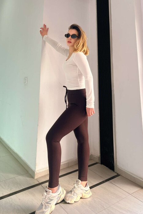 ONE COLOR LACINGS WOMEN LEGGINGS BROWN/KAFE - 3