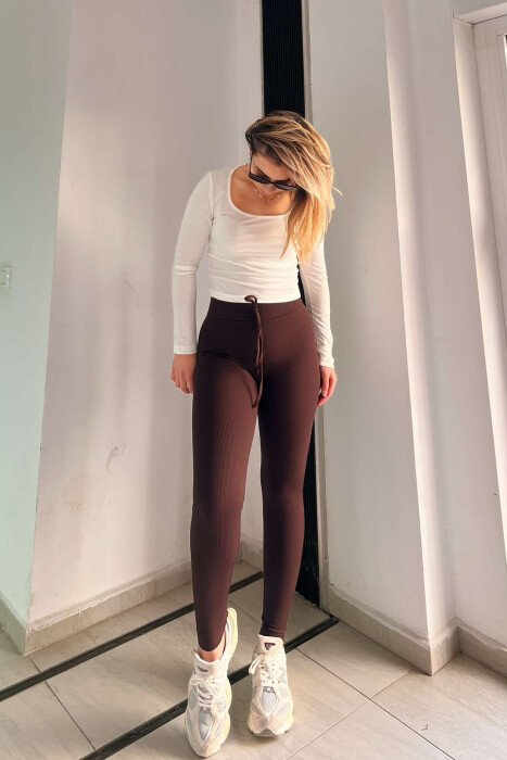 ONE COLOR LACINGS WOMEN LEGGINGS BROWN/KAFE - 4