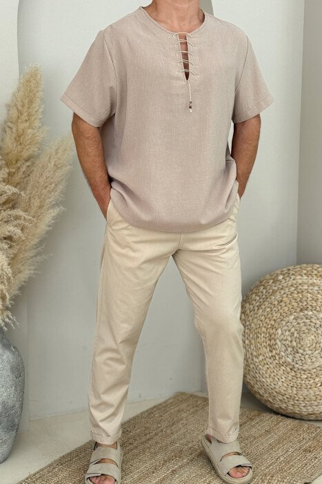 LACINGS DETAIL ONE COLOR MEN T-SHIRT BEIGE/BEZHE - 1