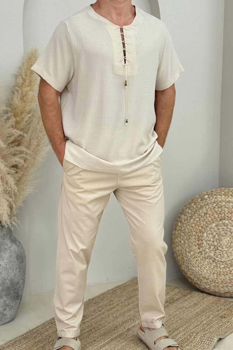 LACINGS DETAIL ONE COLOR MEN T-SHIRT CREAM/KREM - 1