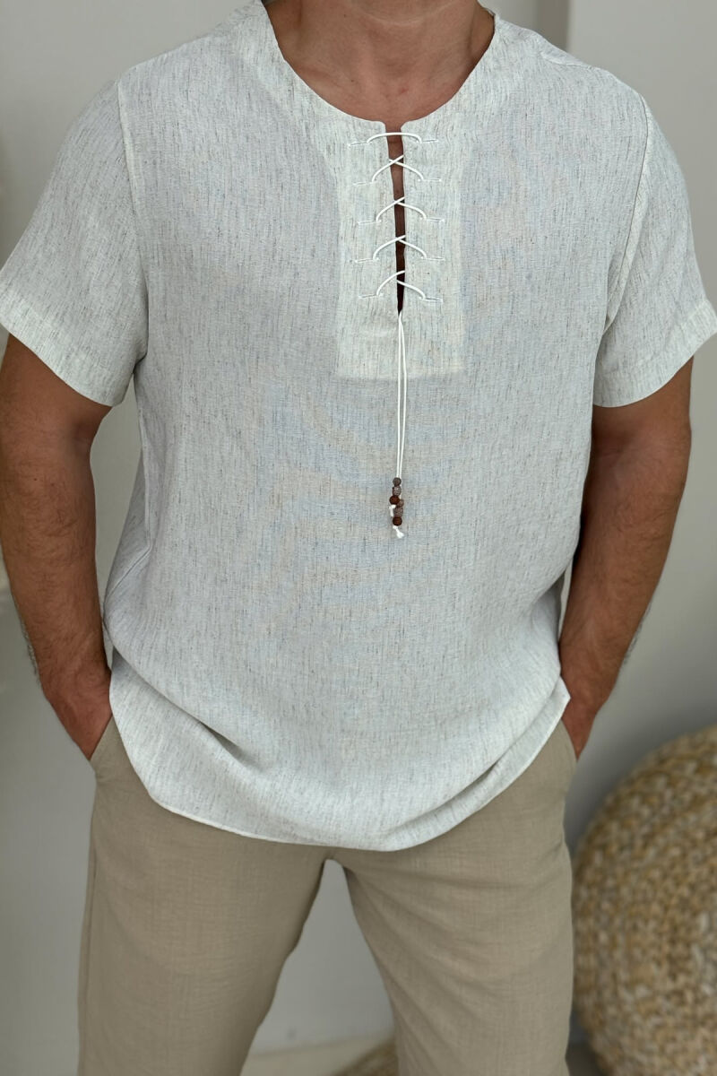 LACINGS DETAIL ONE COLOR MEN T-SHIRT LIGHT BEIGE/BZHZB - 3