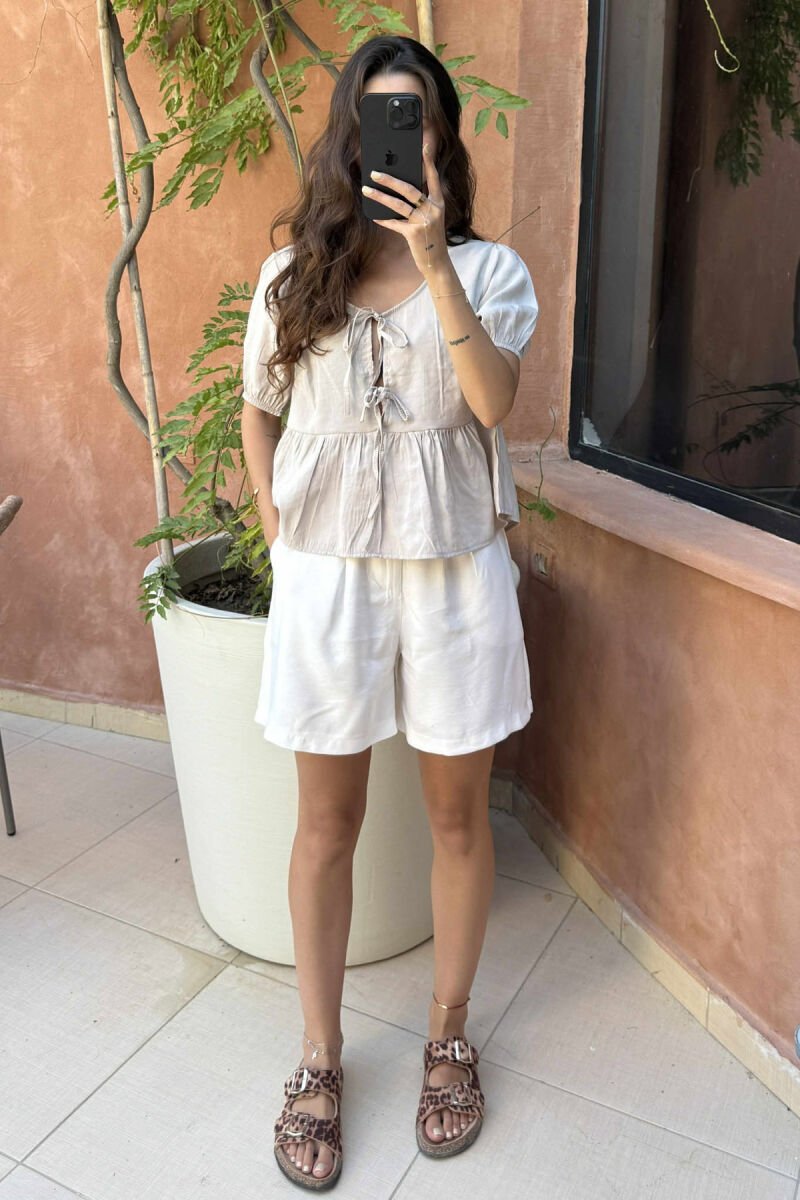 LACINGS DETAIL ONE COLOR WOMEN T-SHIRT BEIGE/BEZHE - 2