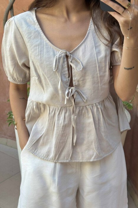 LACINGS DETAIL ONE COLOR WOMEN T-SHIRT BEIGE/BEZHE - 3