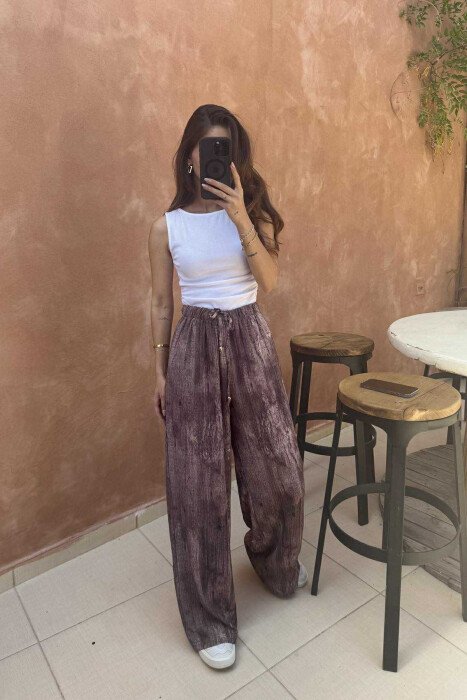 LACINGS ELASTIC WAIST DESIGNED WOMEN TROUSERS BROWN/KAFE - 3