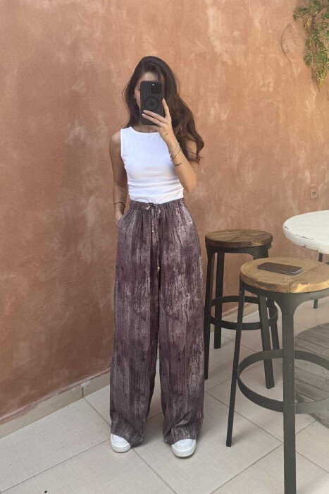 LACINGS ELASTIC WAIST DESIGNED WOMEN TROUSERS BROWN/KAFE - 2