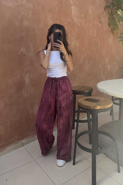 LACINGS ELASTIC WAIST DESIGNED WOMEN TROUSERS BURGUNDY/VISHNJE - 3