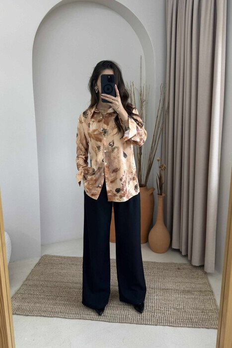LEAF DESIGN WOMEN SHIRT BROWN/KAFE - KLAUDIO FASHION