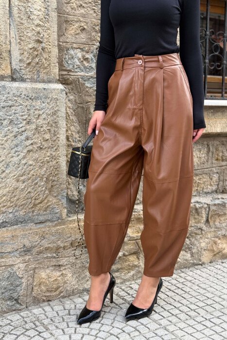 LEATHER BALLON ONE COLOR WOMAN TROUSERS BROWN/KAFE - 2