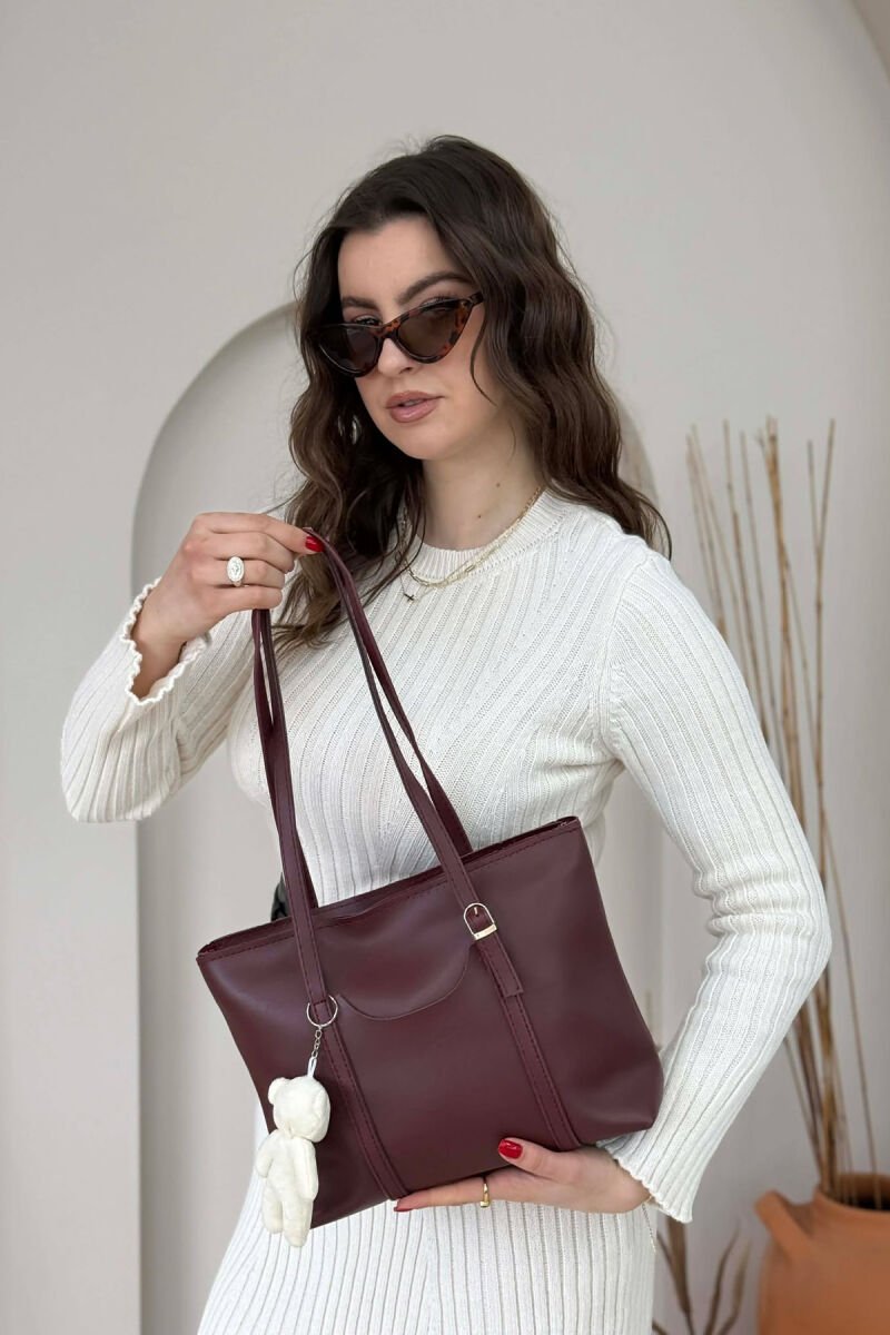 LEATHER BEAR DETAIL WOMAN BAG BURGUNDY/VISHNJE - 3