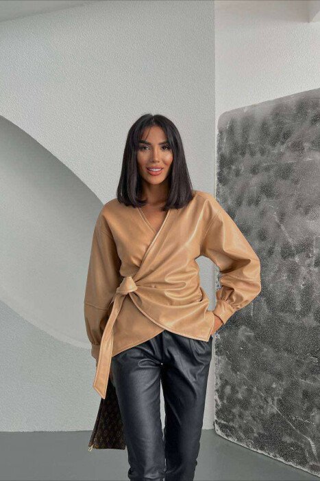 LEATHER BELT ONE COLOR WOMAN JACKET BEIGE/BEZHE - KLAUDIO FASHION