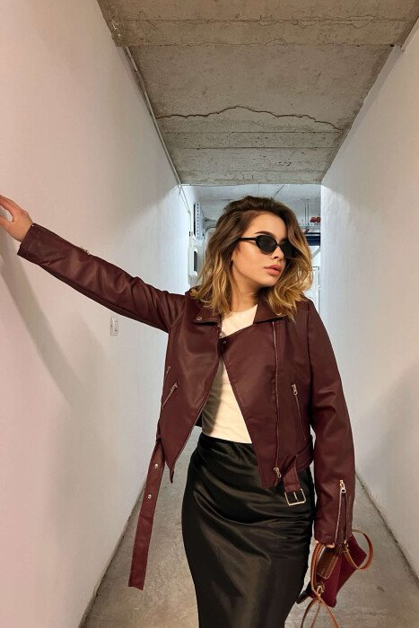 ONE COLOR LEATHER BELTED WOMEN JACKET BURGUNDY/VISHNJE - 1