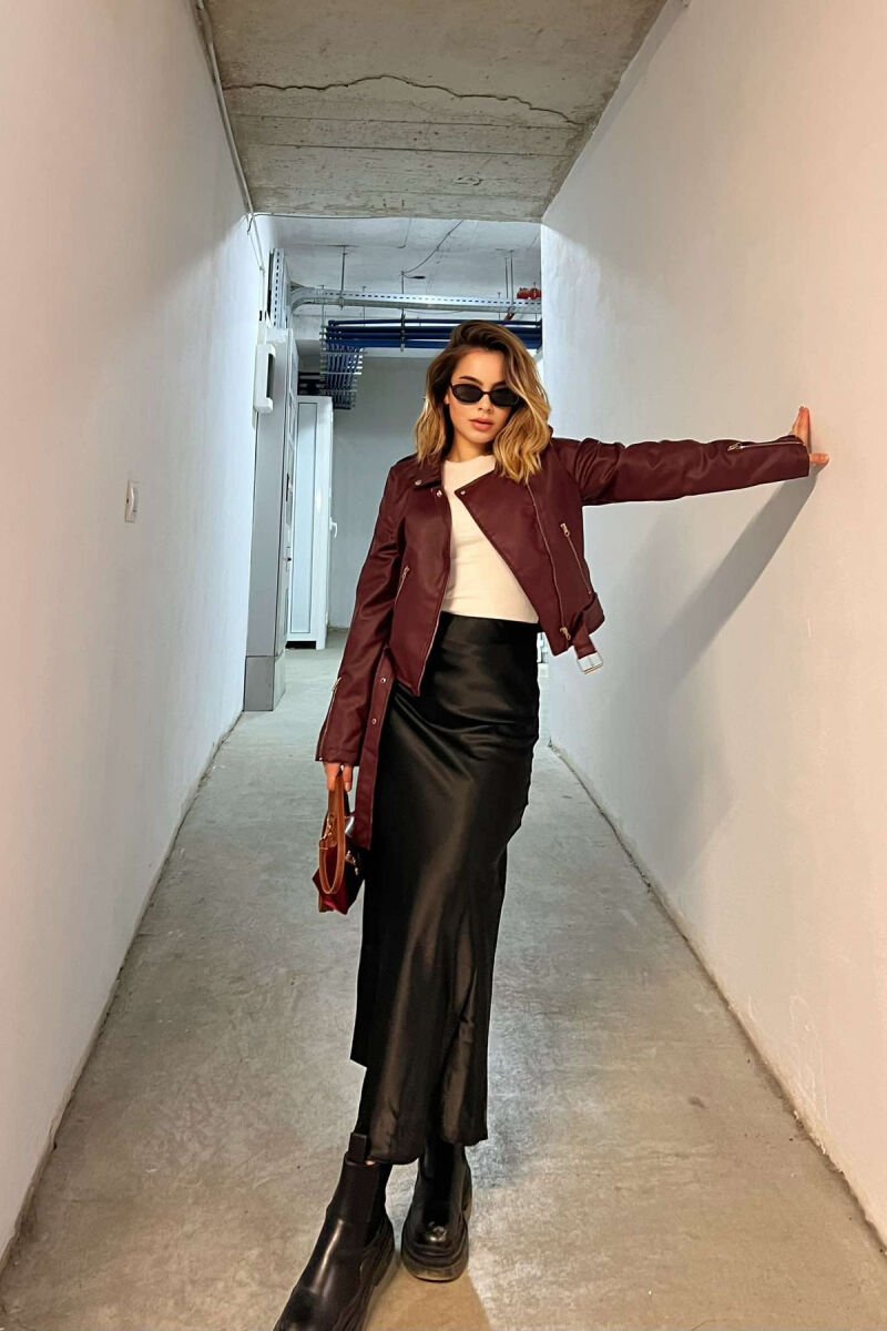 ONE COLOR LEATHER BELTED WOMEN JACKET BURGUNDY/VISHNJE - 2