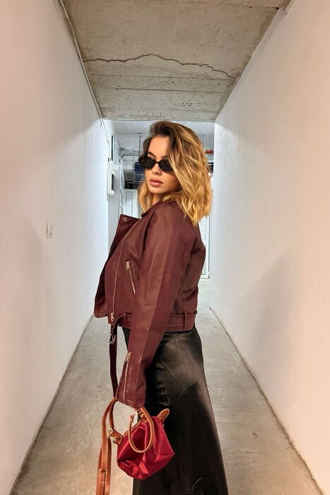 ONE COLOR LEATHER BELTED WOMEN JACKET BURGUNDY/VISHNJE - 3