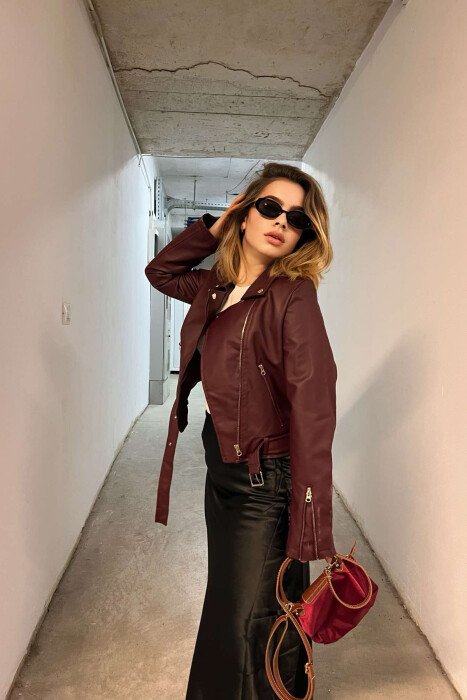 ONE COLOR LEATHER BELTED WOMEN JACKET BURGUNDY/VISHNJE - 4