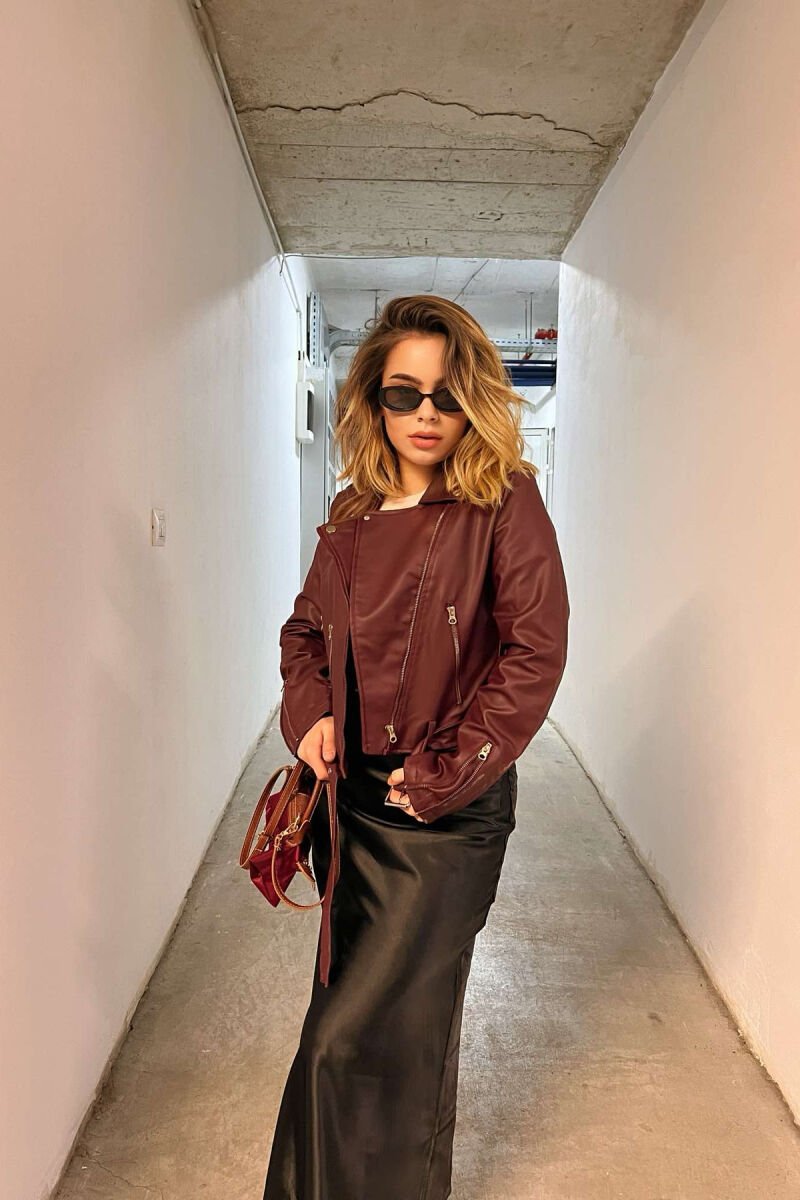 ONE COLOR LEATHER BELTED WOMEN JACKET BURGUNDY/VISHNJE - 5