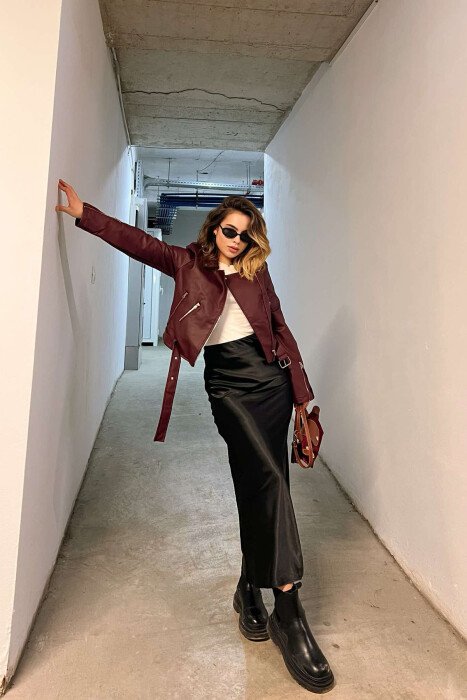 ONE COLOR LEATHER BELTED WOMEN JACKET BURGUNDY/VISHNJE - 6
