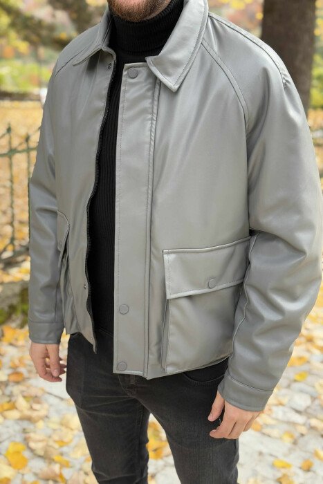 LEATHER BUTTONED AND ZIPPER MEN JACKET GREY/GRI - KLAUDIO FASHION