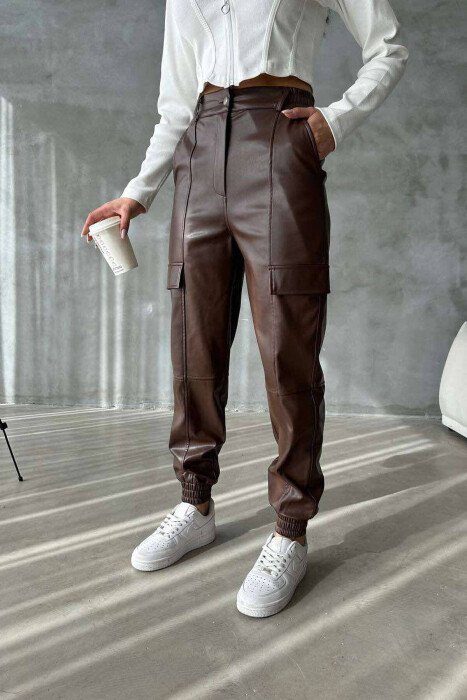 LEATHER CARGO WOMAN TROUSSERS BROWN/KAFE - 1