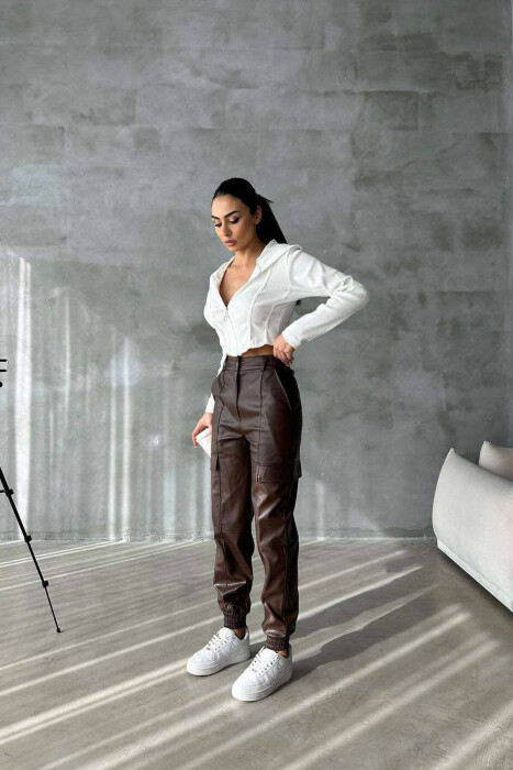 LEATHER CARGO WOMAN TROUSSERS BROWN/KAFE - 2