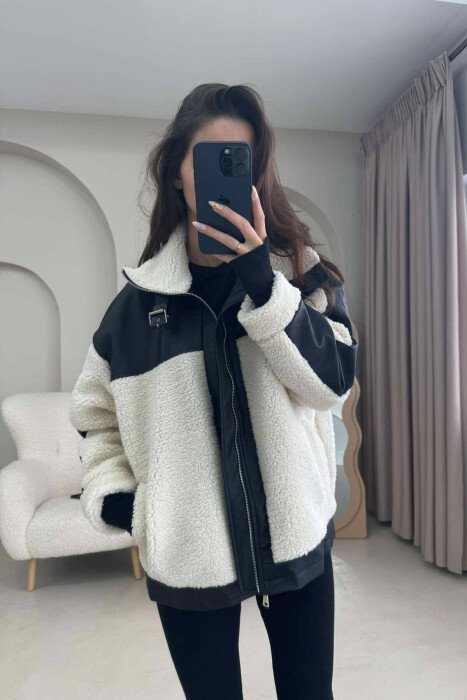 LEATHER DETAILS FLUFFY WOMEN JACKET CREAM/KREM - KLAUDIO FASHION