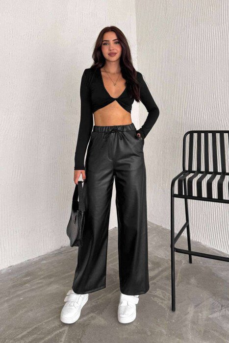 LEATHER ELASTIC WAIST WIDE LEG WOMEN TROUSERS BLACK/ E ZEZE - KLAUDIO FASHION
