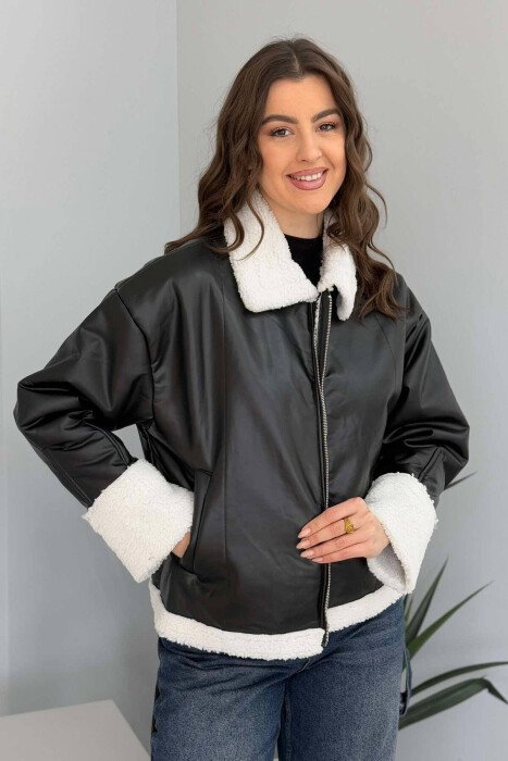 LEATHER FLUFFY WOMEN JACKET BLACK-WHITE/ZB - KLAUDIO FASHION