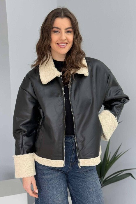 LEATHER FLUFFY WOMEN JACKET BLACK/ E ZEZE - KLAUDIO FASHION